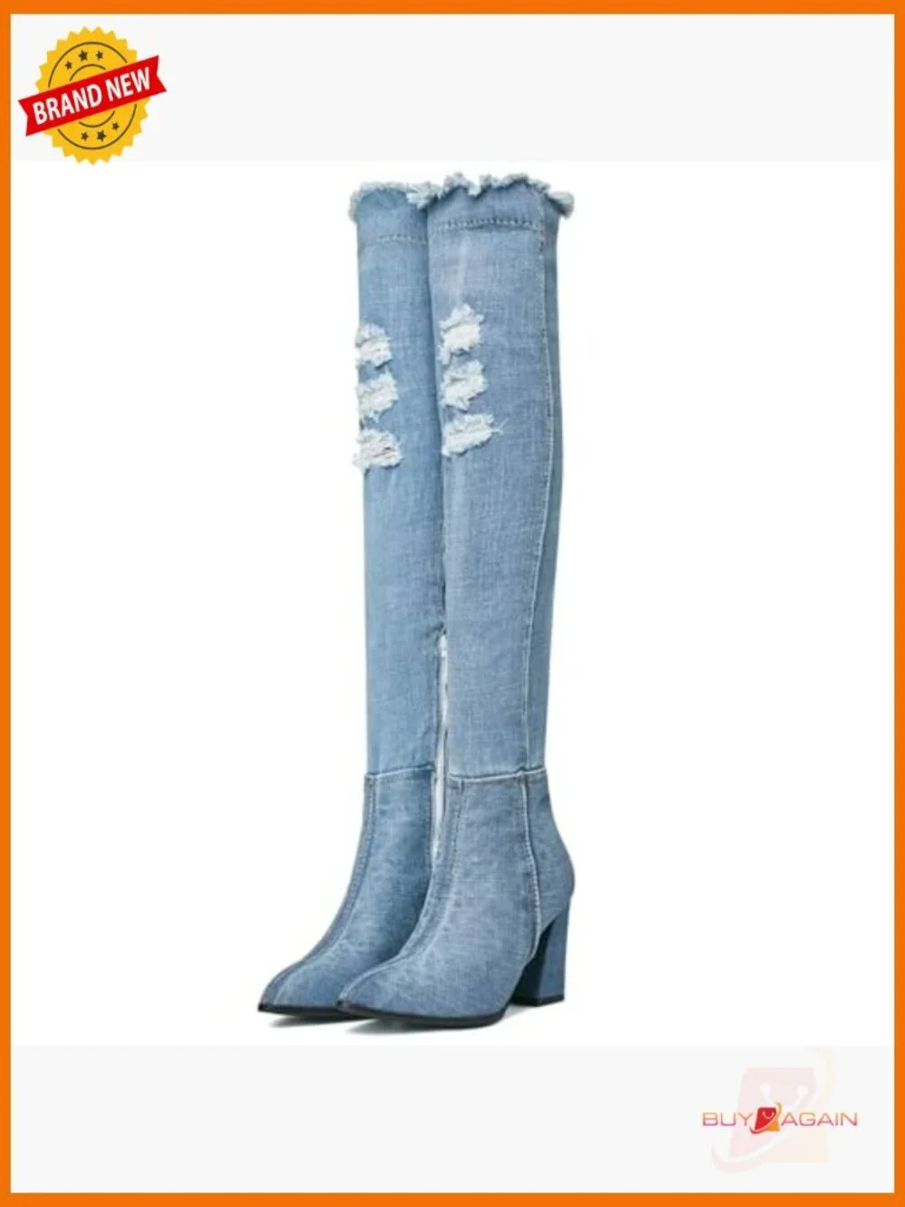 Denim Over-the-Knee Boots with Cutout Design, Block Heel